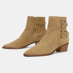 Zara beige suede gold studded booties